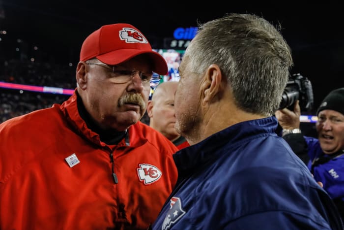 Chiefs coach Andy Reid and Patriots coach Bill Belichick have the most wins of any current head coach in the NFL.